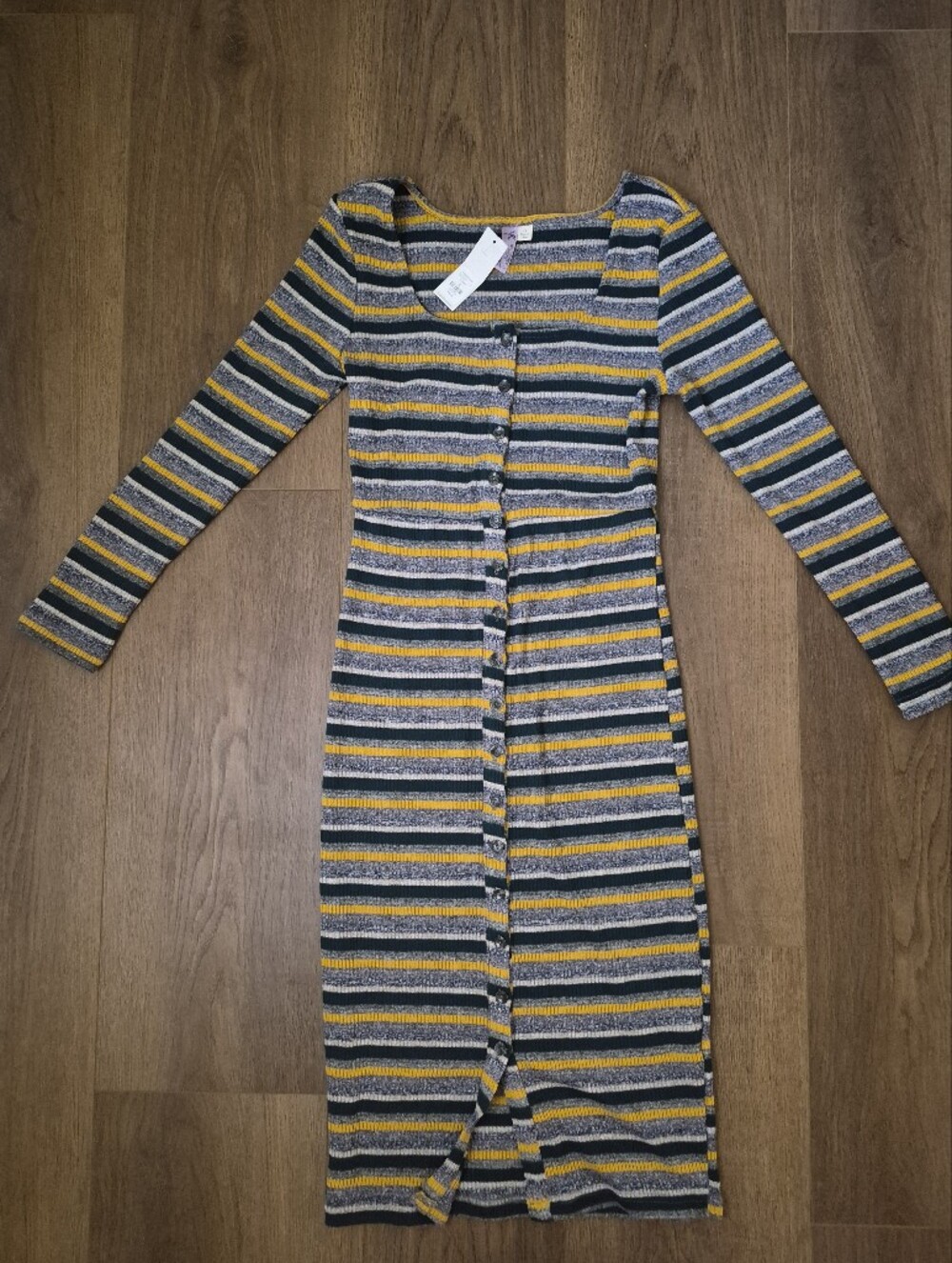 Francesca's Collections Navy, Gray & Mustard Striped Knit Dress